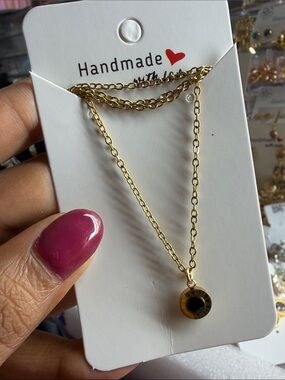 Handmade Gold-tone Necklace with Black Pendant